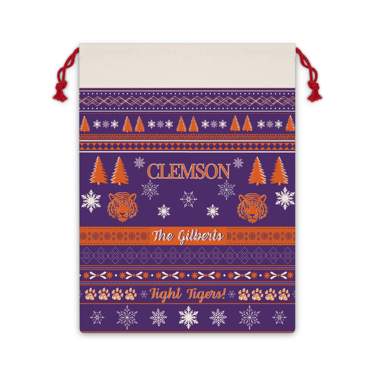 Personalized Clemson University Tigers Inspired Sweater Print Purple Giant Santa Sack Gift Bag