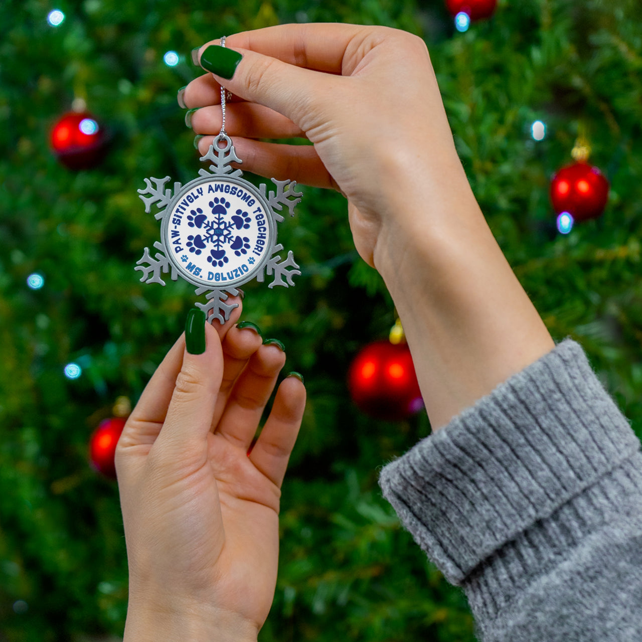 Personalized "PAW-sitively Awesome Teacher" Pewter Snowflake Ornament, Custom Paw Print Staff Appreciation Christmas Holiday Gift