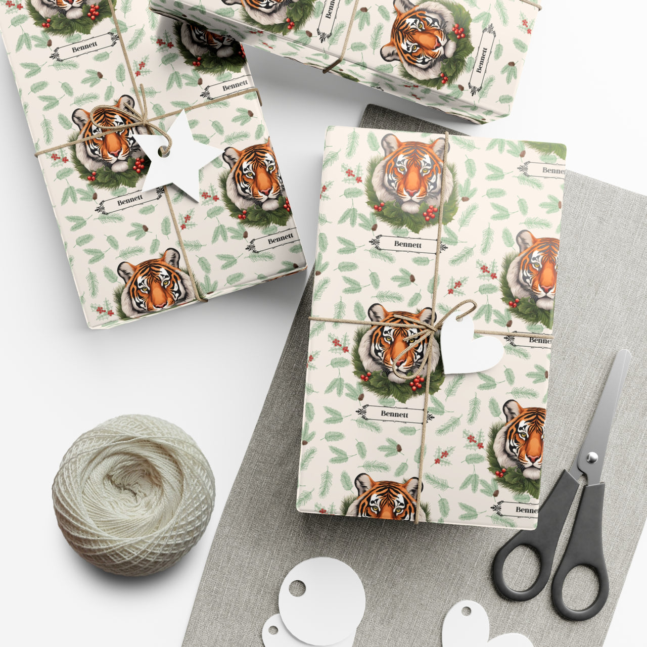 Personalized Holiday Tigers Vintage Wrapping Paper, Custom Festive Tiger Gift Wrap Rolls, Jungle Animal Print Christmas Paper