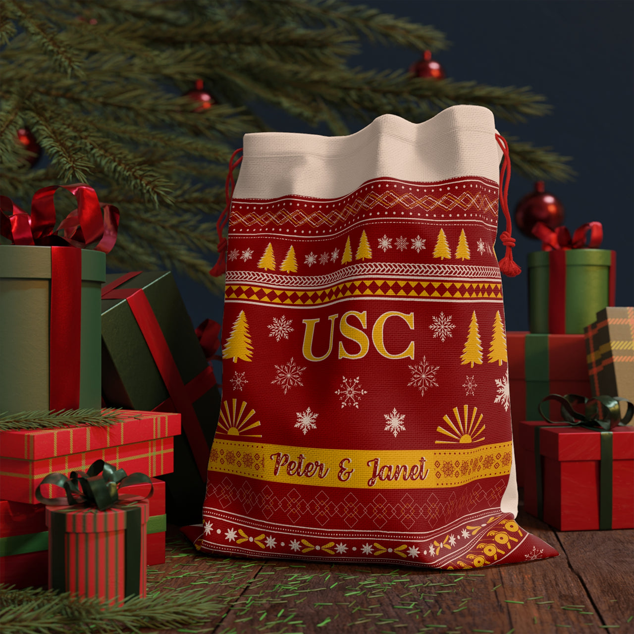 Personalized USC Trojans Sweater Print Giant Santa Sack, Custom University Southern California Canvas Gift Bag