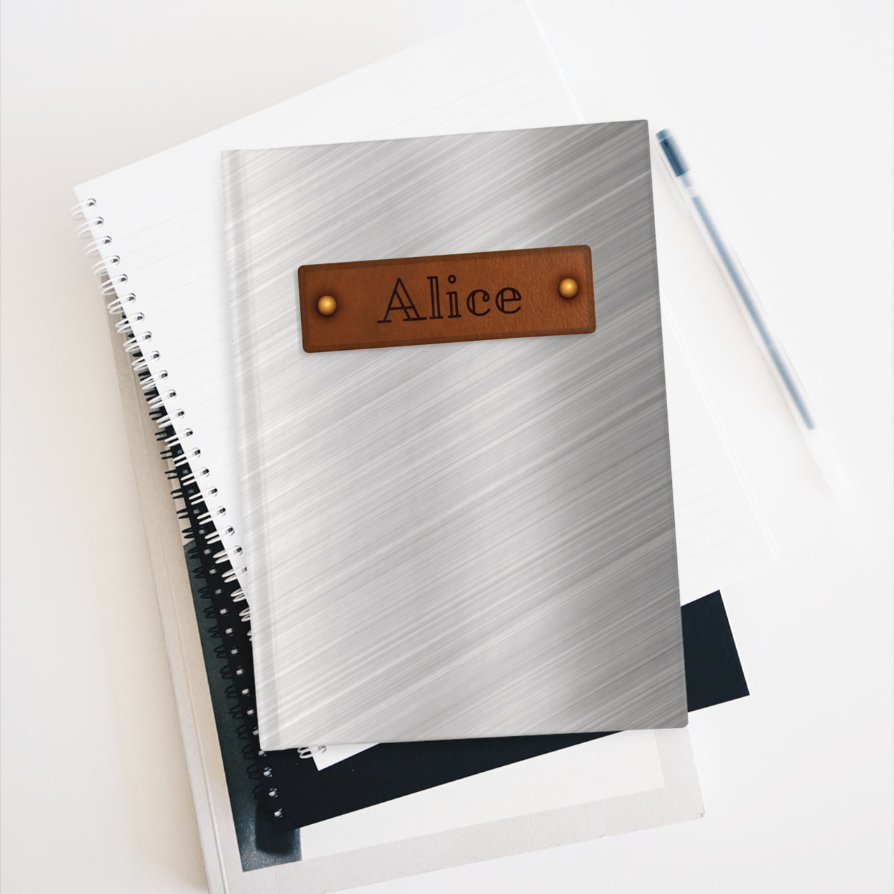 Stainless Steel and Leather Name Plate All-Over-Print Hardcover Journal Matte with Lined or Blank Pages, Luxury Look Printed Cover