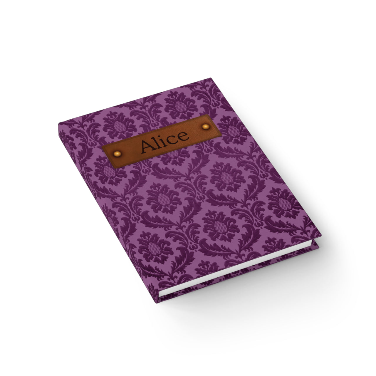 Purple Brocade and Leather Name Plate All-Over-Print Hardcover Journal, Matte with Lined or Blank Pages, Luxury Look Printed Cover