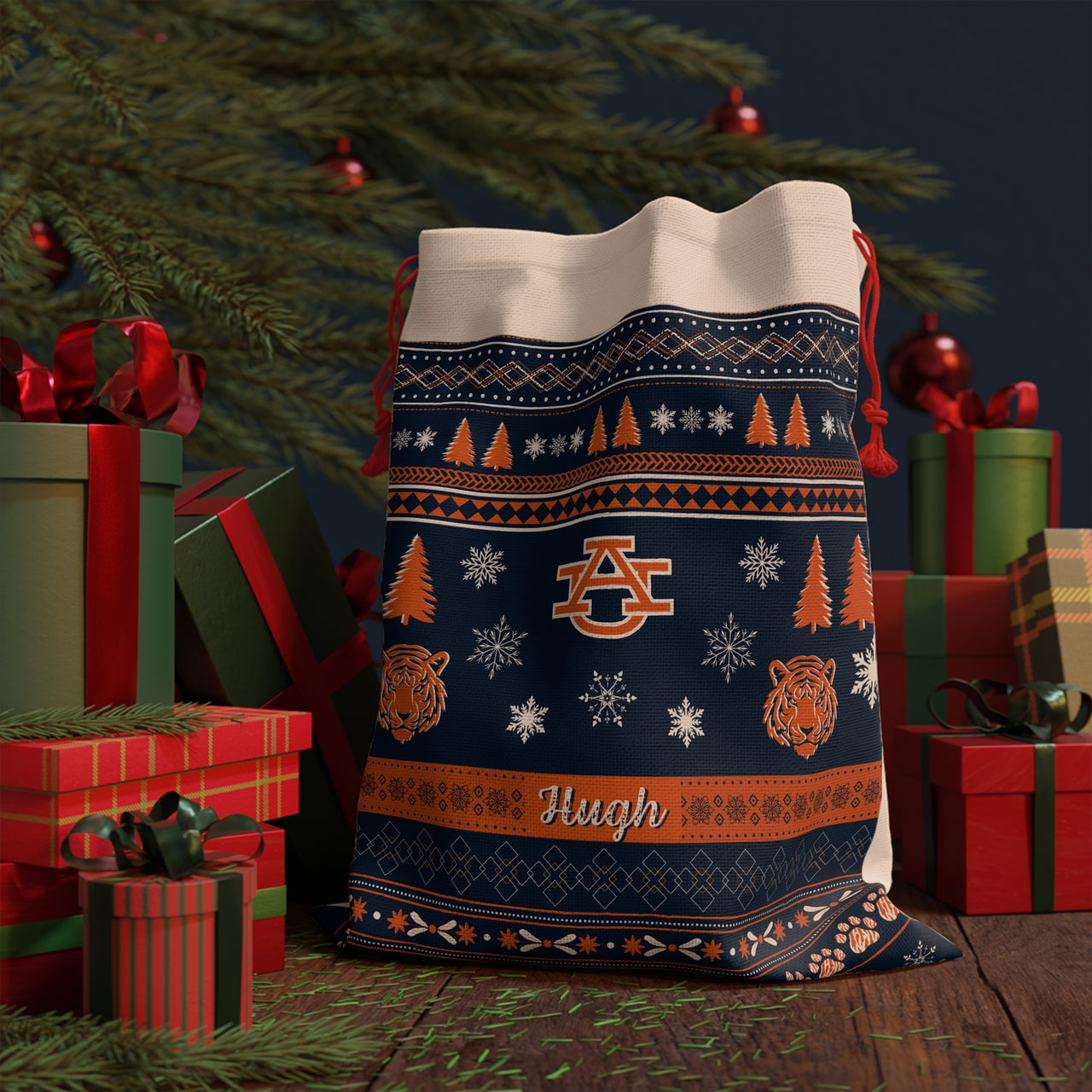 Personalized Auburn University Tigers Inspired Sweater Print Navy Giant Santa Sack Gift Bag