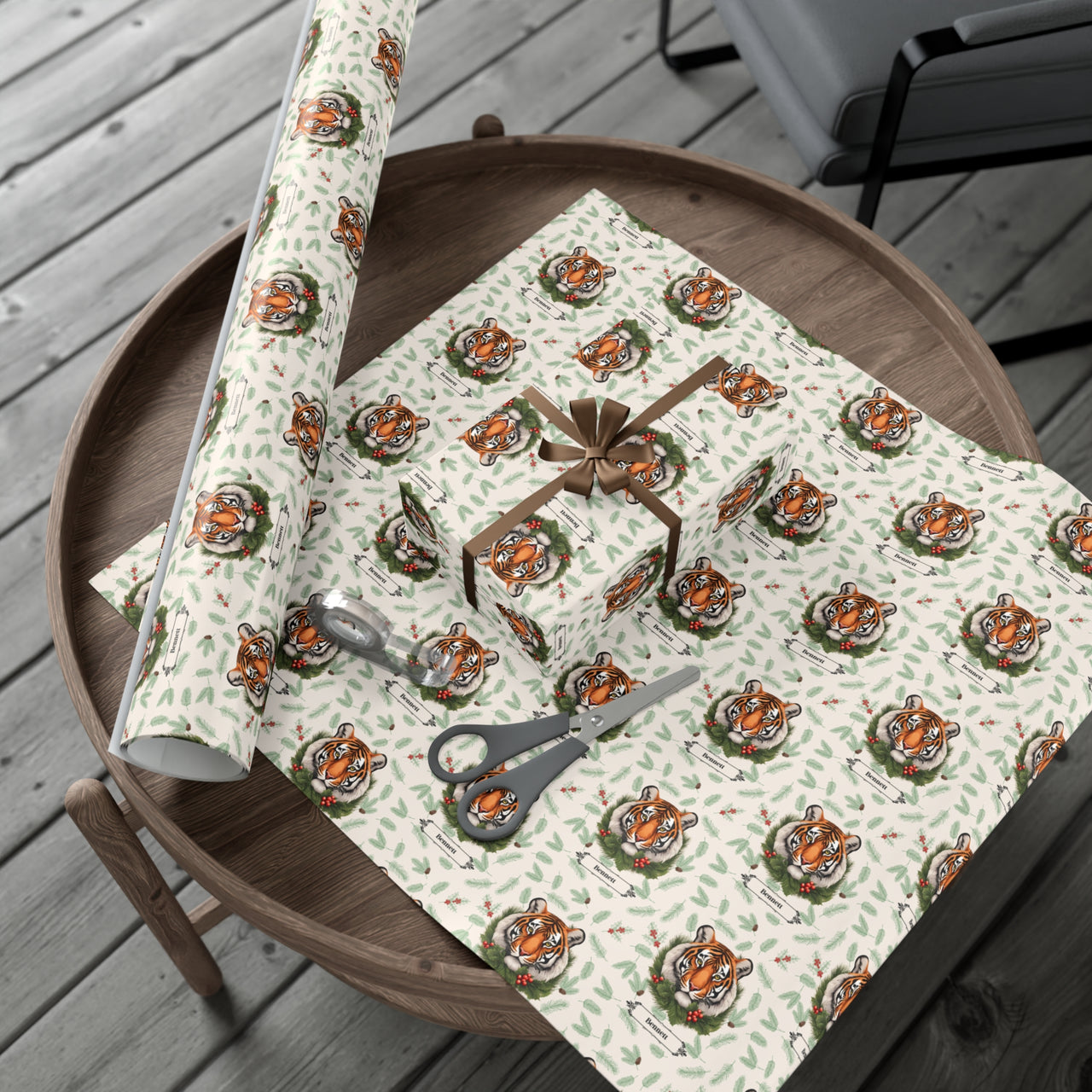 Personalized Holiday Tigers Vintage Wrapping Paper, Custom Festive Tiger Gift Wrap Rolls, Jungle Animal Print Christmas Paper