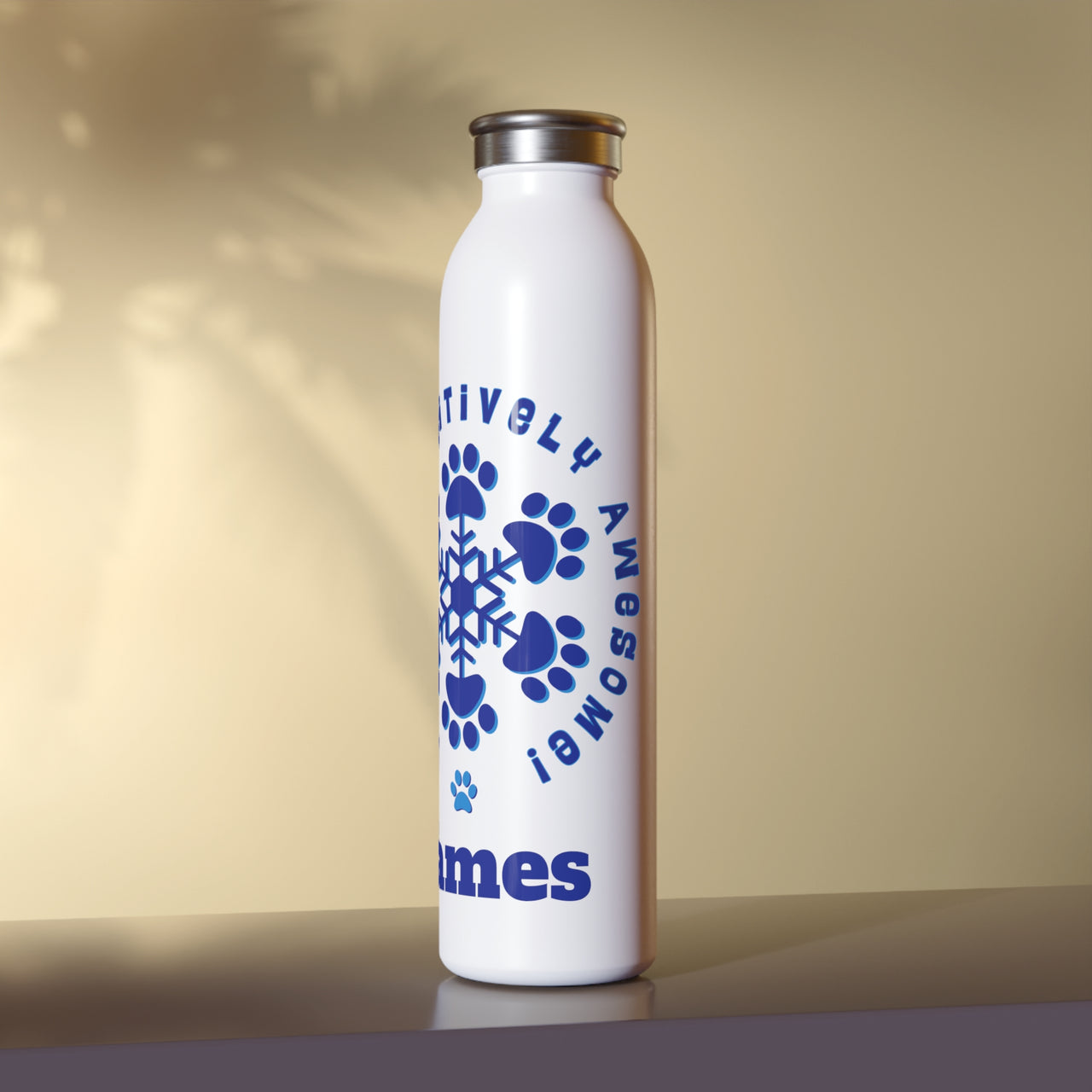 Personalized "PAW-sitively Awesome" Slim Water Bottle, Custom Paw Print Snowflake Stainless Drinkware, Appreciation Christmas Holiday Gift