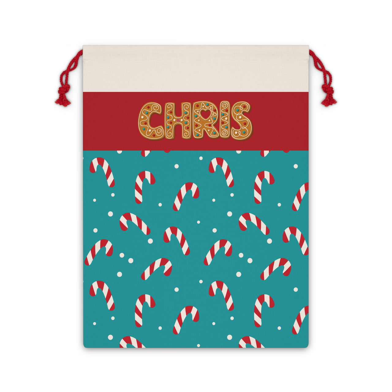 Gingerbread Name Merry & Bright Custom Canvas Santa Sacks, Personalized Colorful Christmas Gift Bag, Turquoise Red Holiday Wrapping