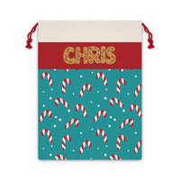 Thumbnail for Gingerbread Name Merry & Bright Custom Canvas Santa Sacks, Personalized Colorful Christmas Gift Bag, Turquoise Red Holiday Wrapping