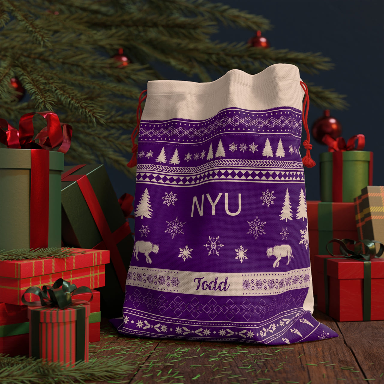 Personalized NYU Sweater Giant Santa Sack, Custom New York University Gift Bag