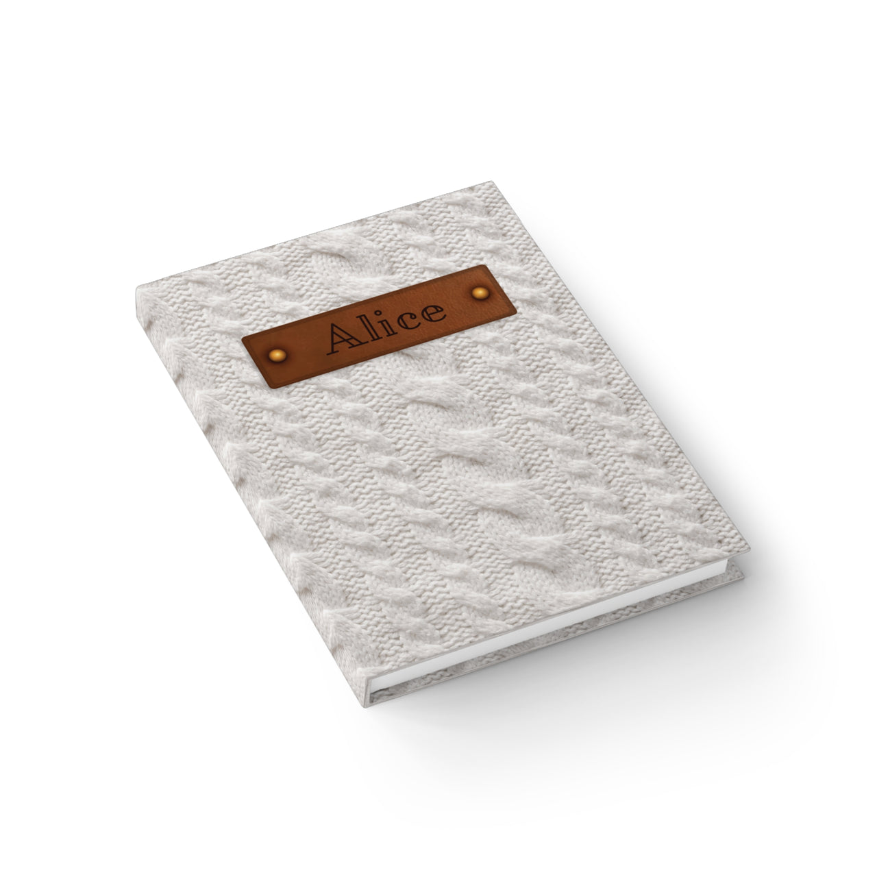 Cream Cable Sweater and Leather Name Plate All-Over-Print Hardcover Journal, Matte with Lined or Blank Pages, Luxury Look Printed Cover