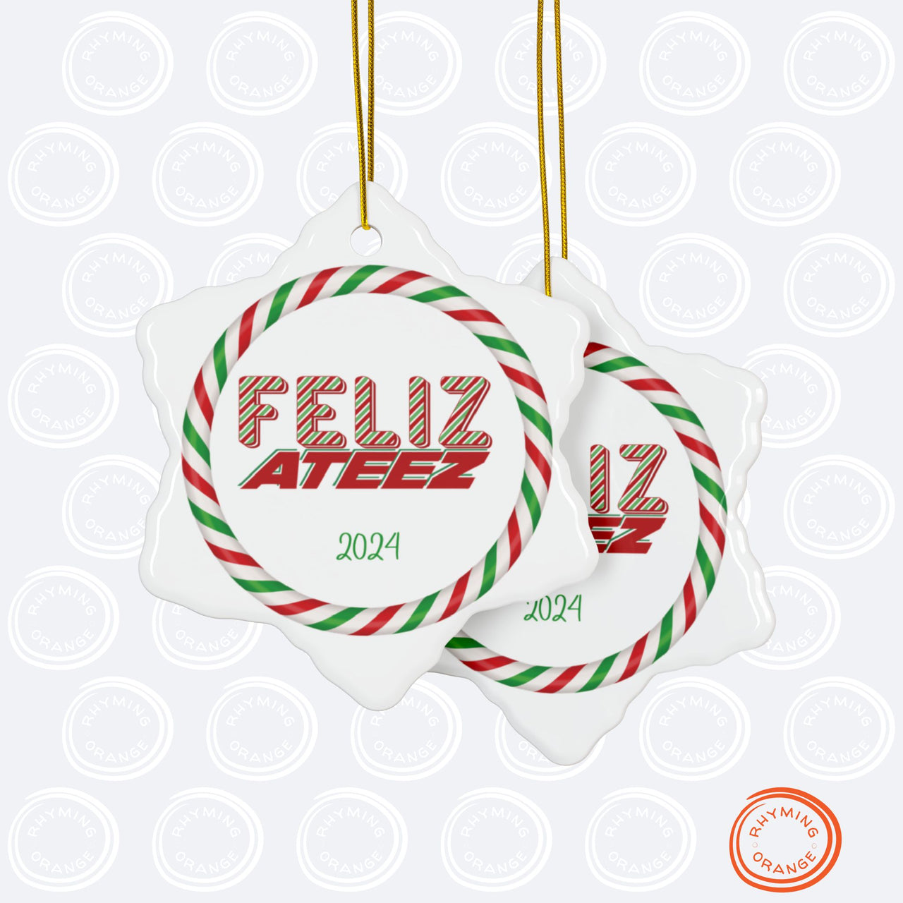 Ateez 2024 Holiday Ornament, "Feliz Ateez" Red Green White Pepperment Design Ceramic Christmas Ornament - Circle Snowflake, Atiny Merch