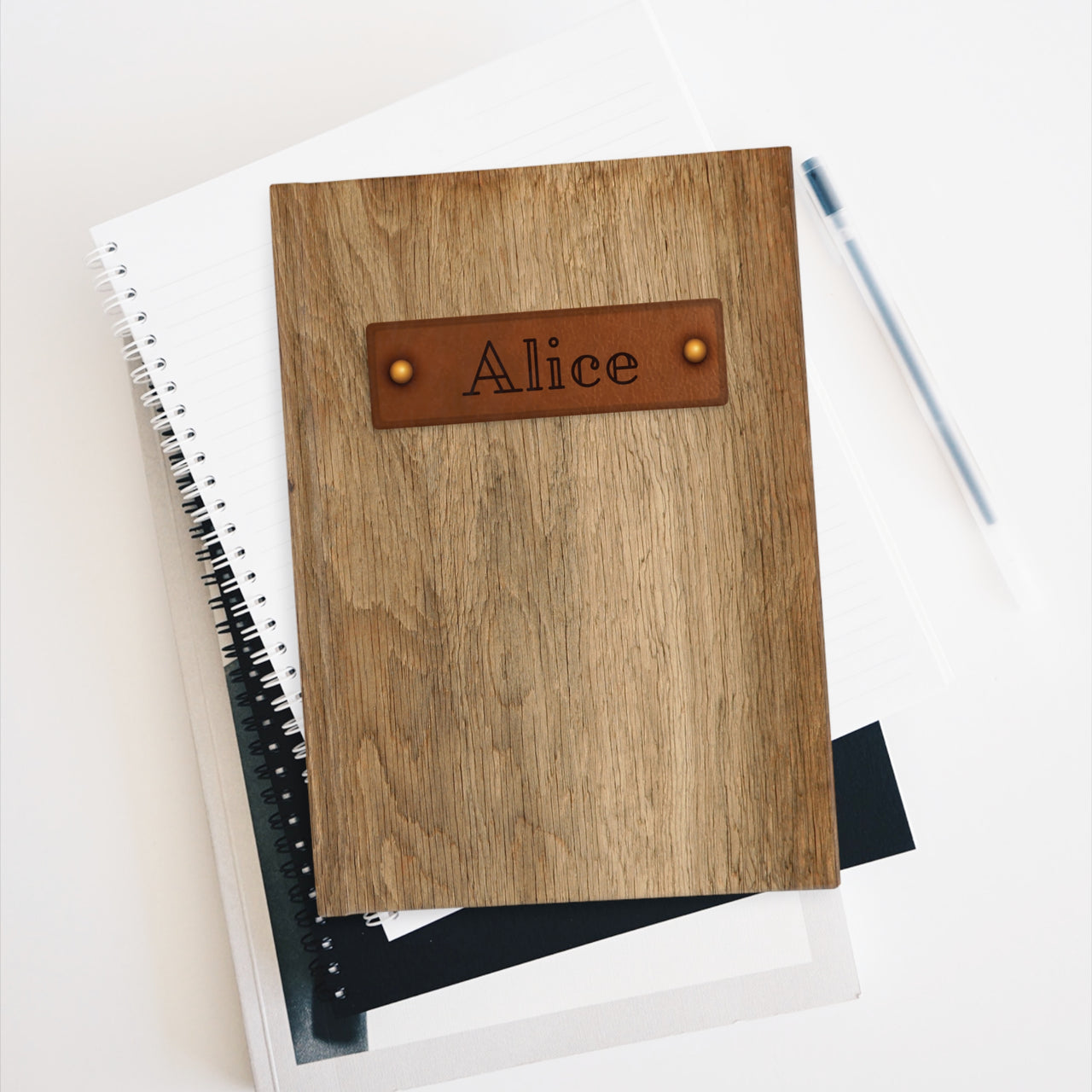 Wood and Leather Name Plate All-Over-Print Hardcover Journal Matte with Lined or Blank Pages, Luxury Look Printed Cover