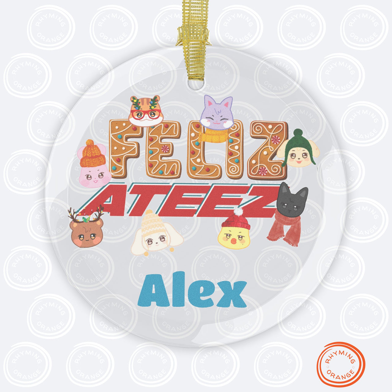 Personalized Ateez Glass Ornament, Custom Aniteez "Feliz Ateez" Holiday Christmas Tree Ornament