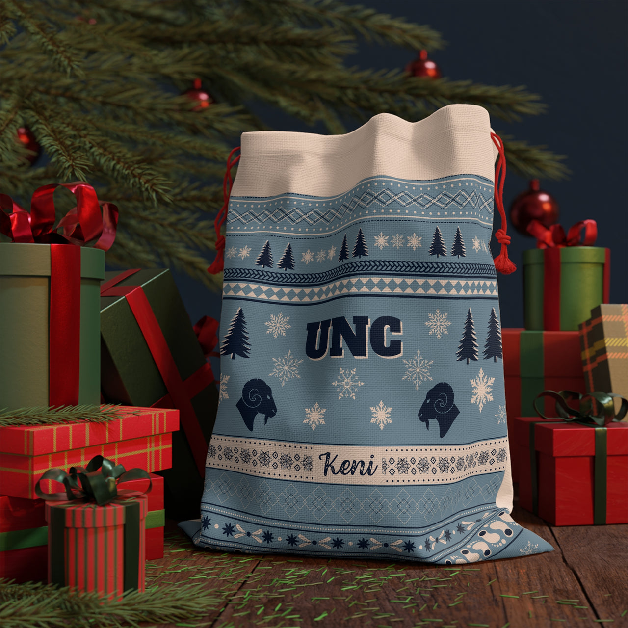 Personalized UNC Sweater Print Giant Santa Sack | Custom University of North Carolina Tar Heel Gift Bag