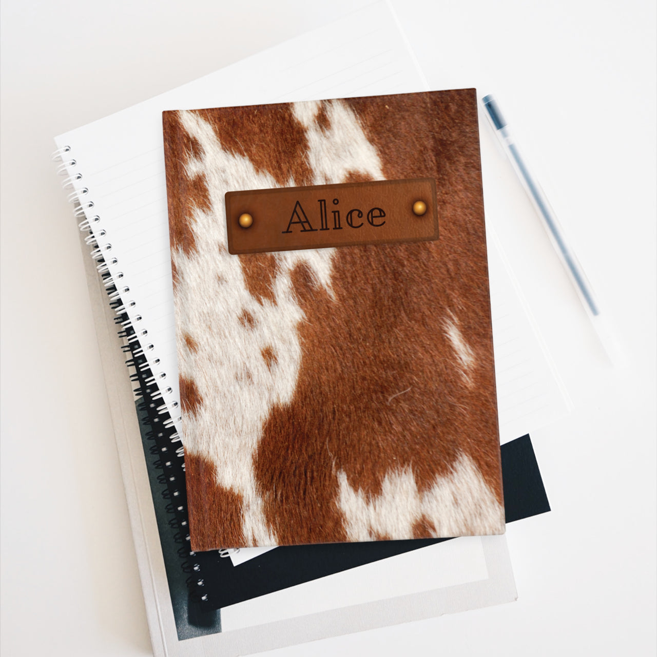 Cow Print and Leather Name Plate All-Over-Print Hardcover Journal, Matte with Lined or Blank Pages, Luxury Look Printed Cover