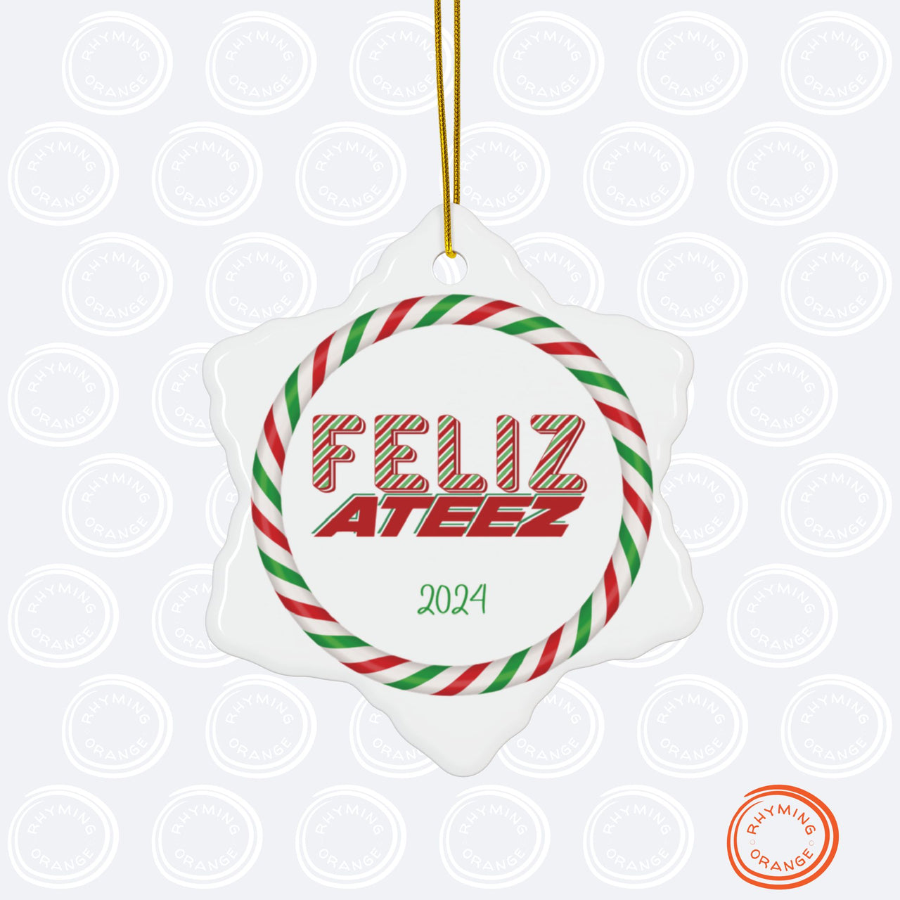 Ateez 2024 Holiday Ornament, "Feliz Ateez" Red Green White Pepperment Design Ceramic Christmas Ornament - Circle Snowflake, Atiny Merch