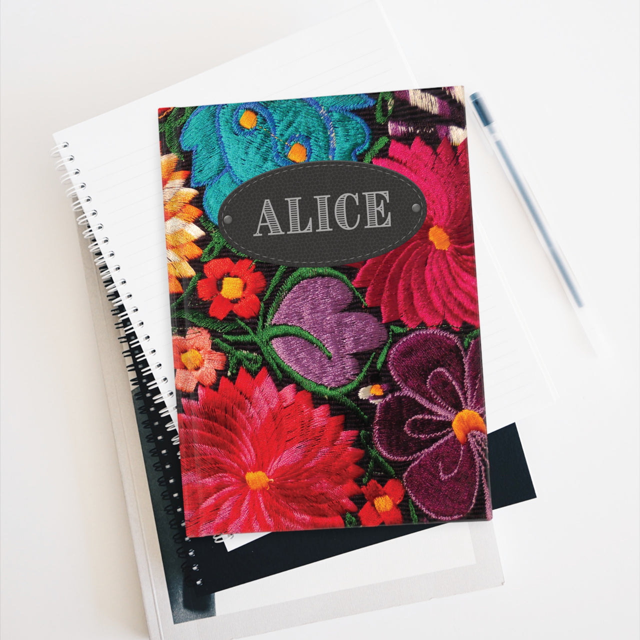 Vivid Embroidered Flowers and Leather Name Plate All-Over-Print Hardcover Journal, Matte with Lined or Blank Pages, Luxury Printed Cover