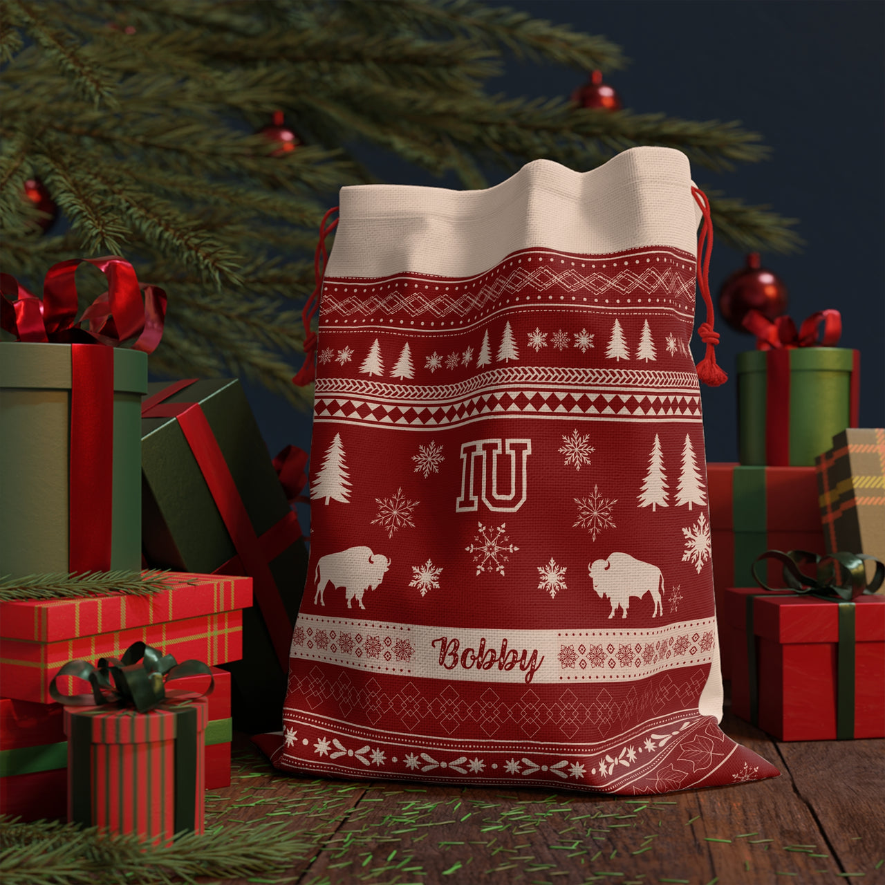 Personalized Indiana University Hoosiers Inspired Sweater Print Giant Santa Sack, Custom IU Gift Bag