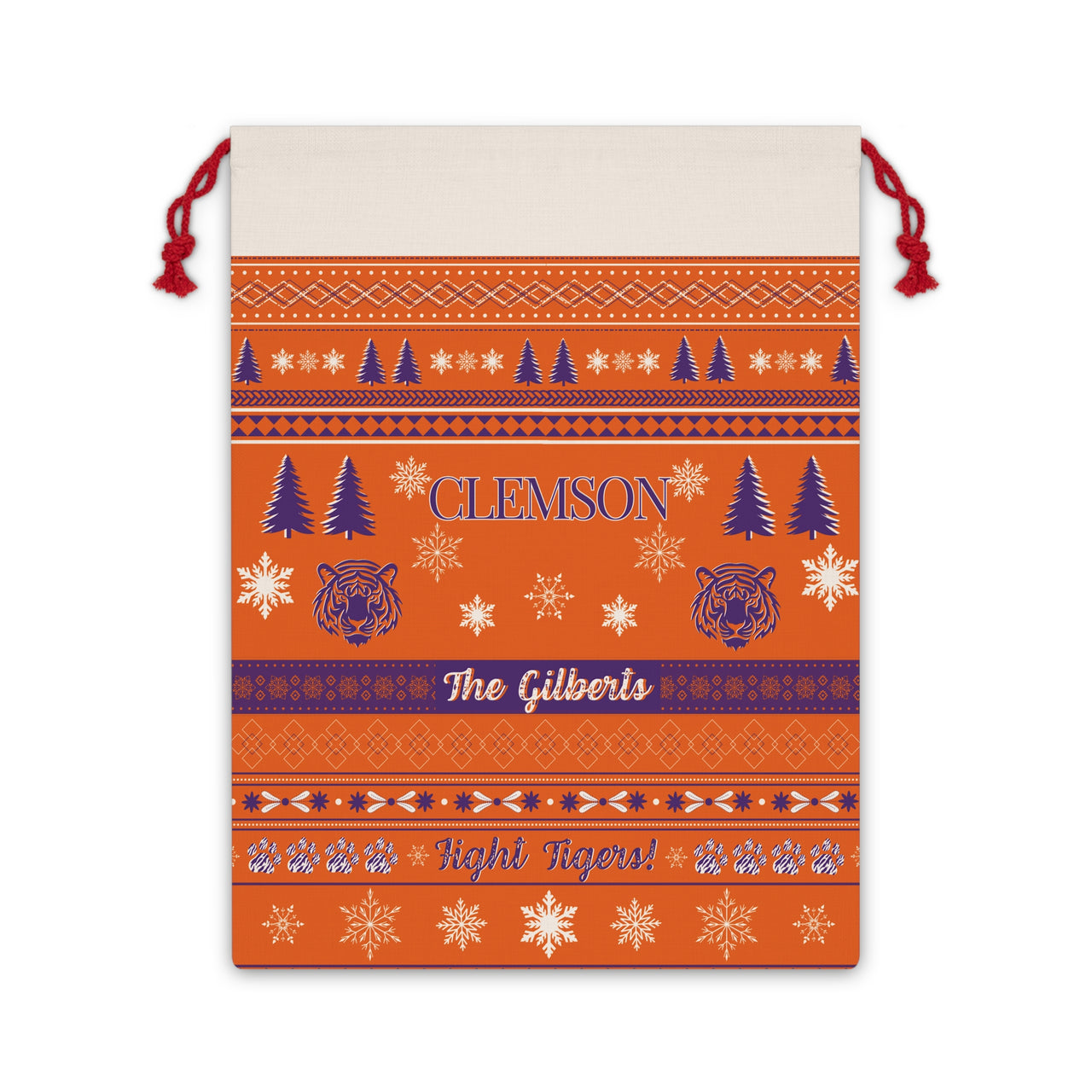 Personalized Clemson University Tigers Inspired Sweater Print Orange Giant Santa Sack Gift Bag