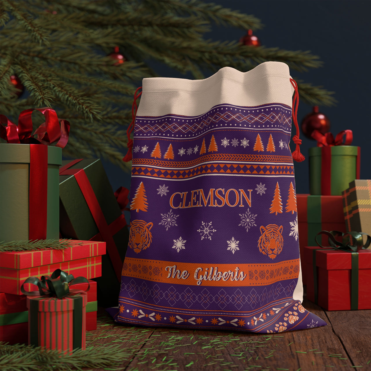 Personalized Clemson University Tigers Inspired Sweater Print Purple Giant Santa Sack Gift Bag