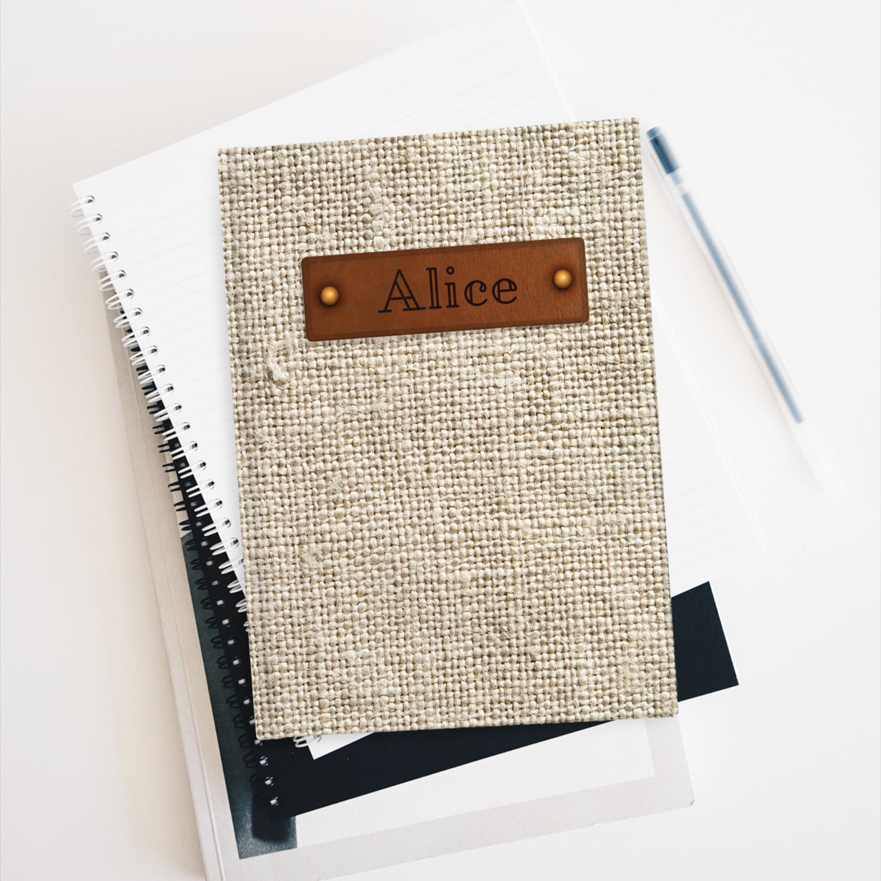 Natural Linen and Leather Name Plate All-Over-Print Hardcover Journal, Matte with Lined or Blank Pages, Luxury Printed Cover