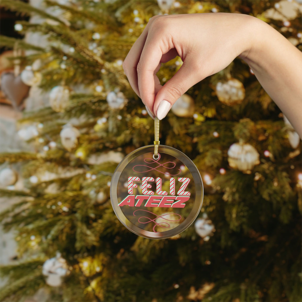 Ateez Glass Holiday Ornament, "Feliz Ateez" Scroll Design Christmas Ornament, Ateez Atiny Holiday Merch