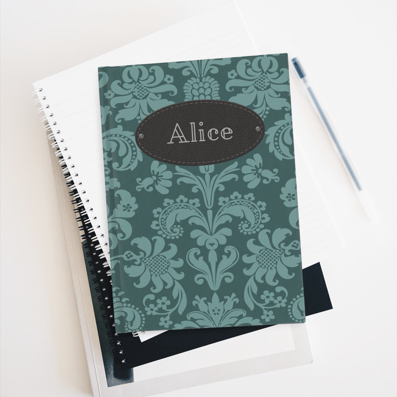 Teal Brocade and Leather Name Plate All-Over-Print Hardcover Journal, Matte with Lined or Blank Pages, Luxury Look Printed Cover