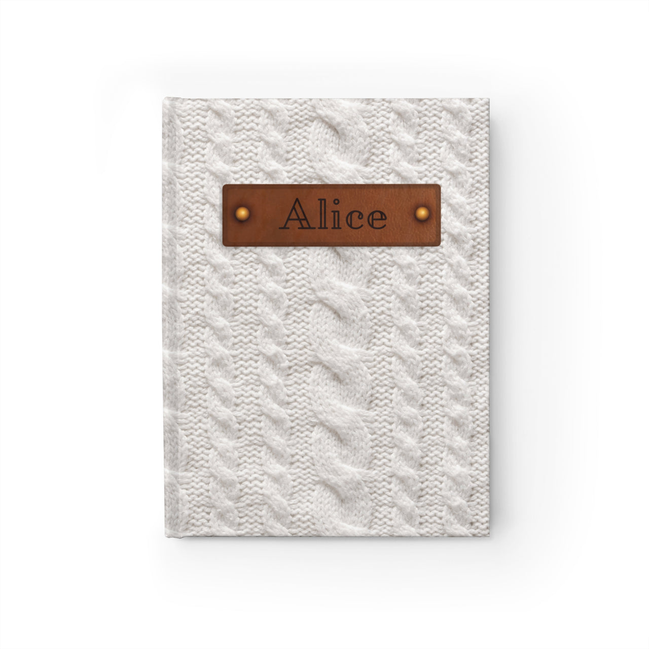 Cream Cable Sweater and Leather Name Plate All-Over-Print Hardcover Journal, Matte with Lined or Blank Pages, Luxury Look Printed Cover