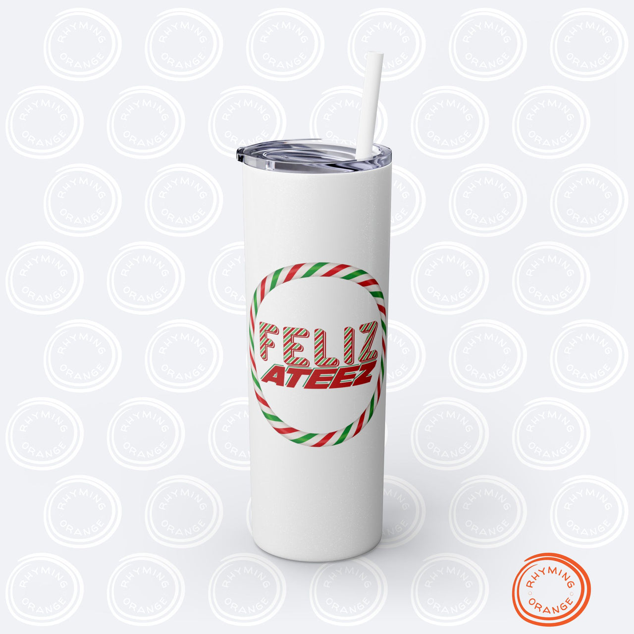 Personalized Ateez Holiday Insulated Tumbler, Custom "Feliz Ateez" Coffee Tea Skinny Tumbler with Straws, KPop Christmas Atiny Fan Merch