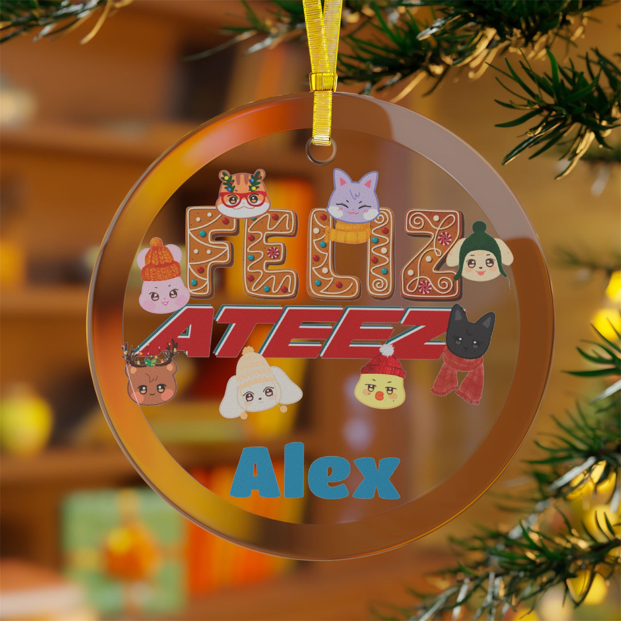 Personalized Ateez Glass Ornament, Custom Aniteez "Feliz Ateez" Holiday Christmas Tree Ornament