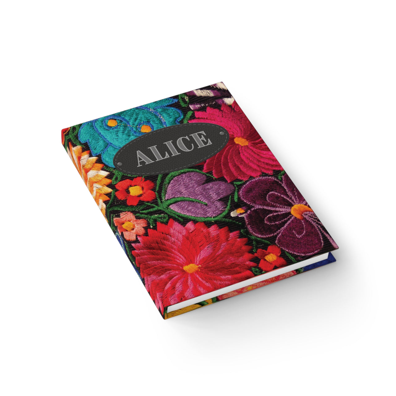 Vivid Embroidered Flowers and Leather Name Plate All-Over-Print Hardcover Journal, Matte with Lined or Blank Pages, Luxury Printed Cover