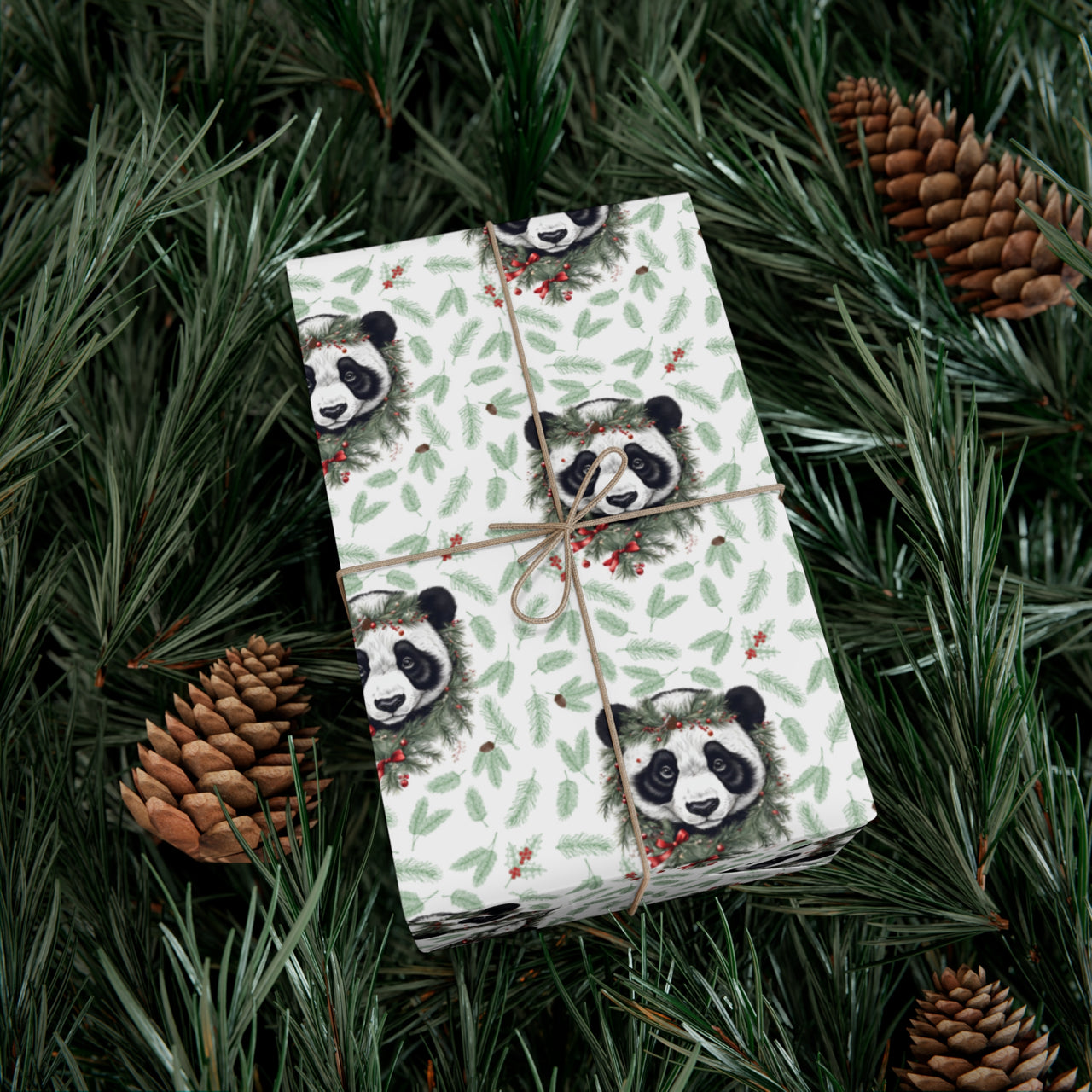 Pandas and Pines Vintage Gift Wrapping Paper, Panda Bear Holiday Gift Wrap, Christmas Jungle Print Paper