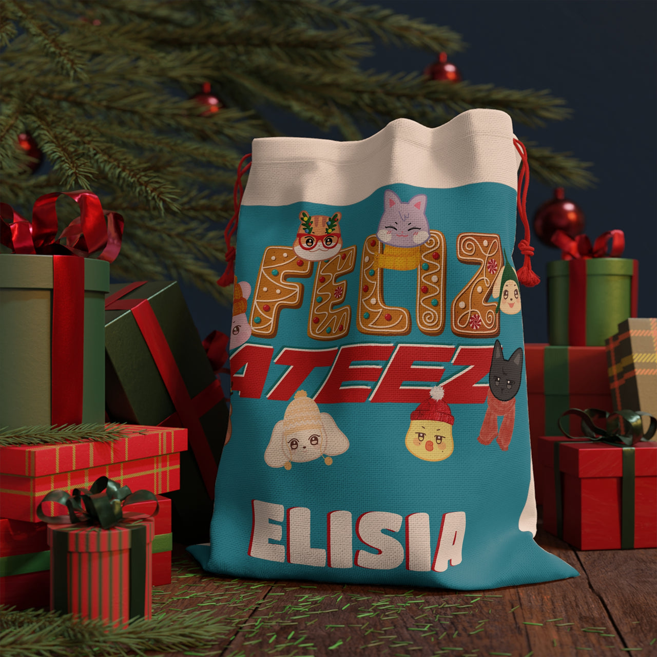 Personalized "Feliz Ateez" Santa Sack, Custom Aniteez Holiday Gift Bag