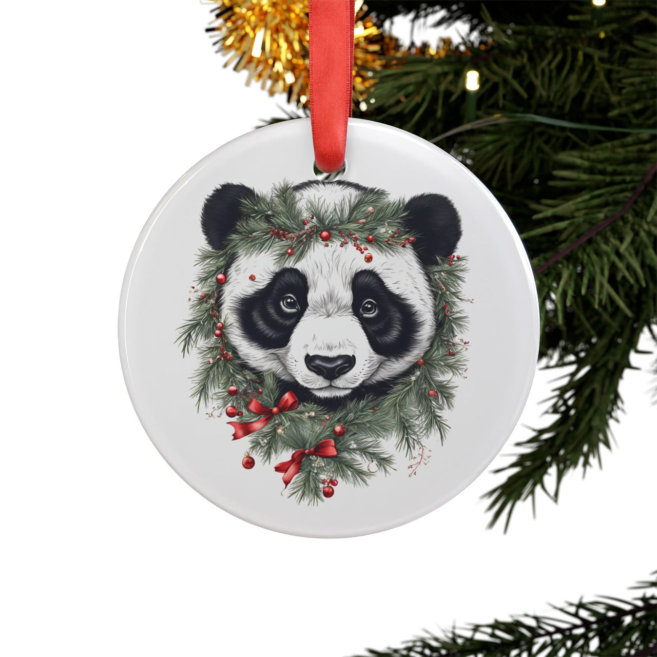 PERSONALIZED Santa Panda Acrylic Ornament with Ribbon