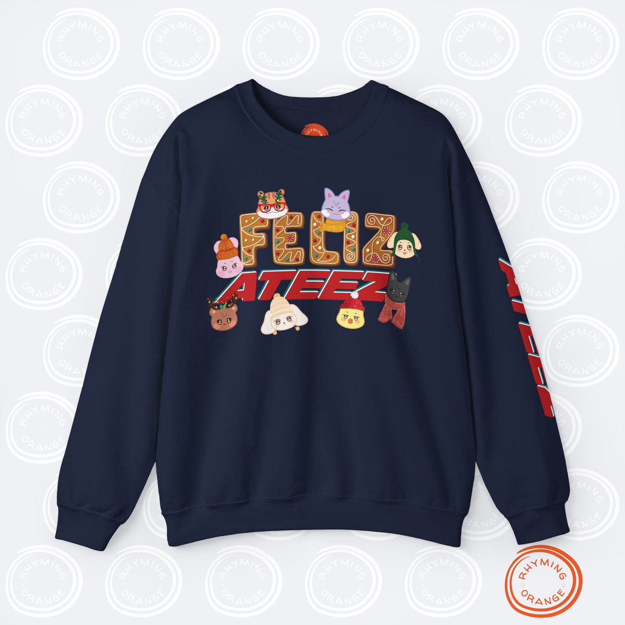 Aniteez "Feliz Ateez" Holiday Sweatshirt, Ateez Gingerbread Sleeve Print Christmas Sweatshirt