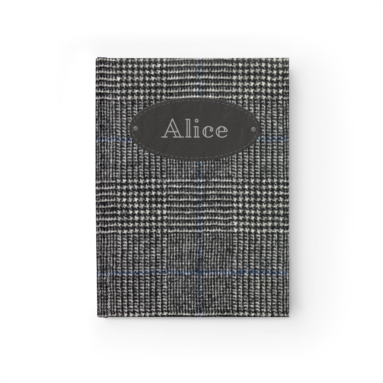 Large Checked Tweed and Leather Name Plate All-Over-Print Hardcover Journal, Matte with Lined or Blank Pages, Luxury Printed Cover