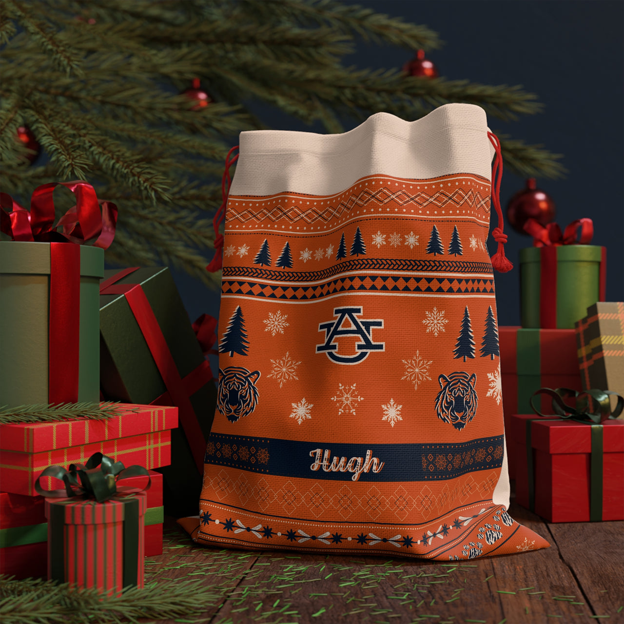 Personalized Auburn University Tigers Inspired Sweater Print Orange Giant Santa Sack Gift Bag