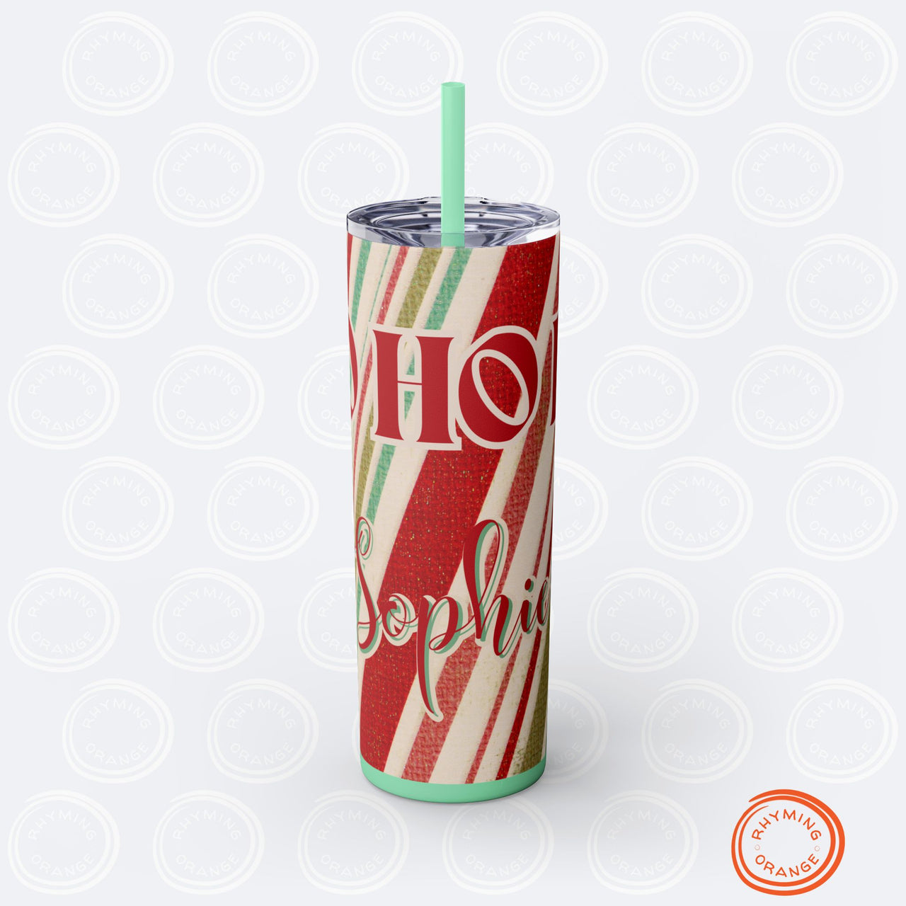 Custom HoHoHo Holiday Skinny Tumbler, Personalized 20oz Straw Insulated Christmas Travel Mug, Peppermint Print Stocking Stuffer