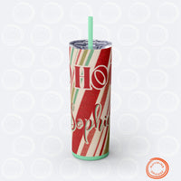 Thumbnail for Custom HoHoHo Holiday Skinny Tumbler, Personalized 20oz Straw Insulated Christmas Travel Mug, Peppermint Print Stocking Stuffer