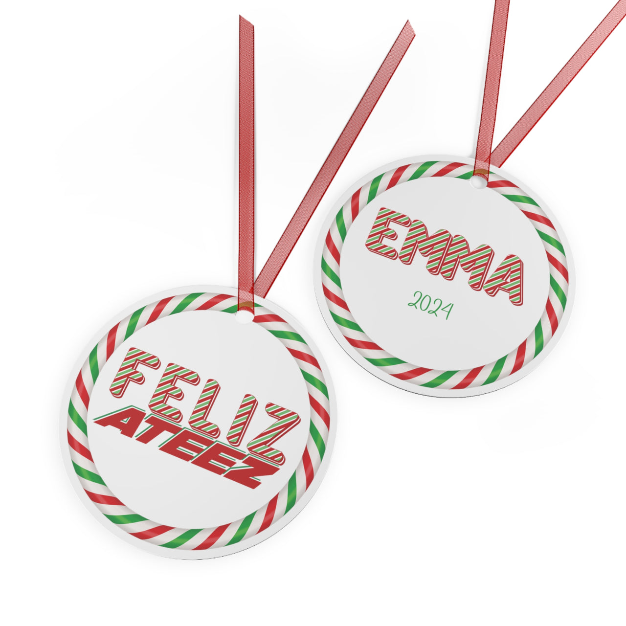 Personalized Ateez 2024 Holiday Ornament, Custom Feliz Ateez" Red Green White Pepperment Design Metal Christmas Ornament, Atiny Merch