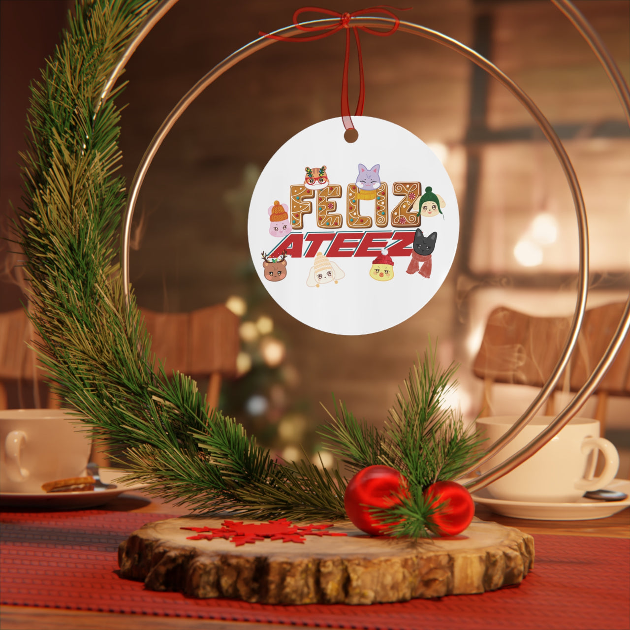 Personalized Aniteez "Feliz Ateez" Metal Ornament, Ateez Christmas Tree Ornament