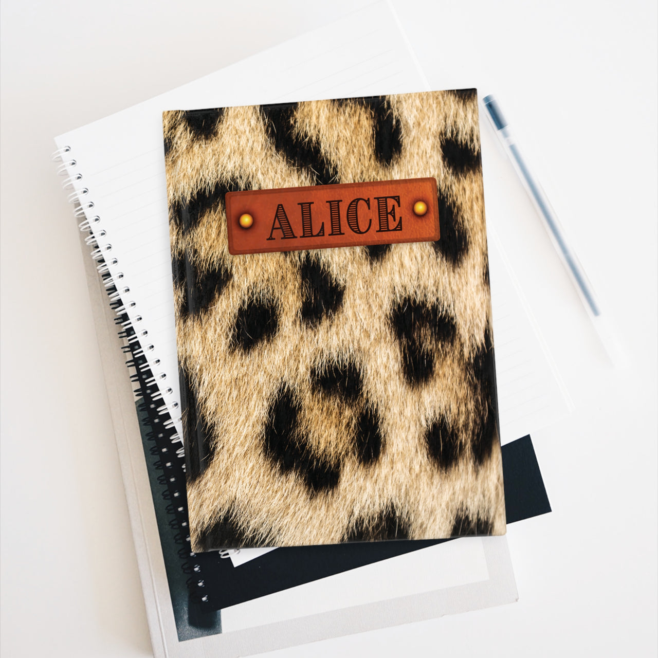 Cheetah Fur and Leather Name Plate All-Over-Print Hardcover Journal, Matte with Lined or Blank Pages, Luxury Look Printed Cover