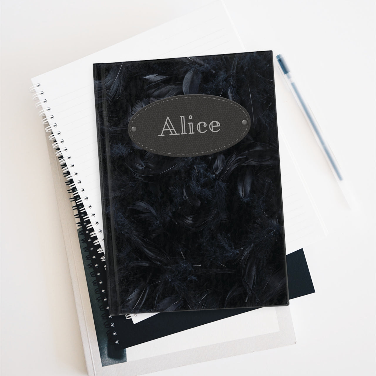 Feathers and Leather Name Plate All-Over-Print Hardcover Journal, Matte with Lined or Blank Pages, Luxury Look Printed Cover