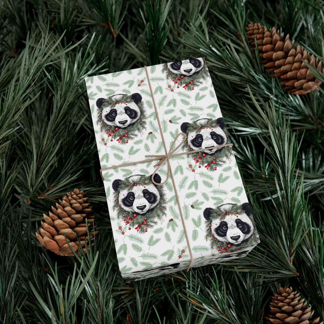 Pandas and Pines Vintage Gift Wrapping Paper, Panda Bear Holiday Gift Wrap, Christmas Jungle Print Paper