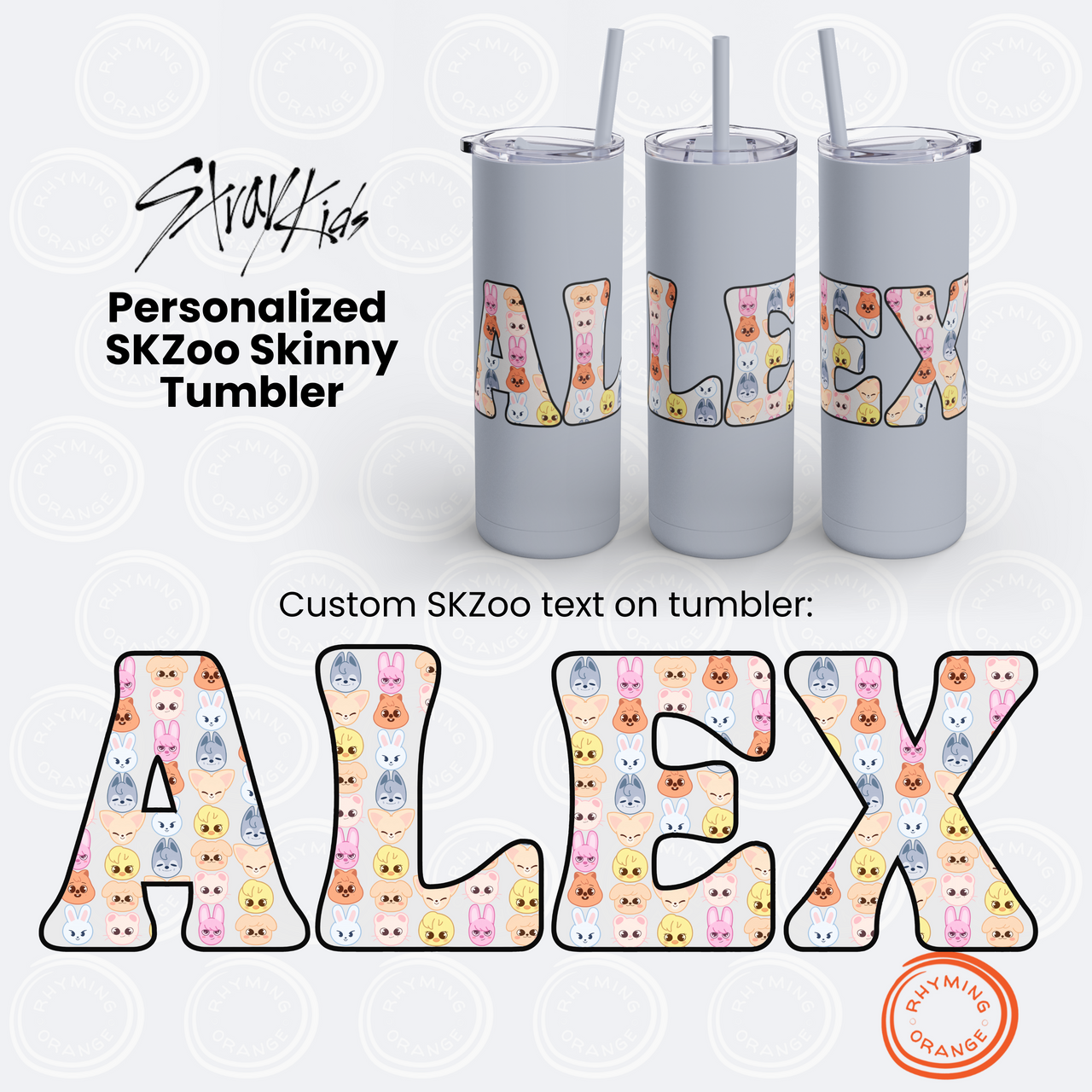 Personalized Stray Kids SKZoo Letters SKinny Tumbler, SKZ 20oz Custom Mug with Lid and Straw, StrayKids KPop Merch Bbokari BangChan Leebit