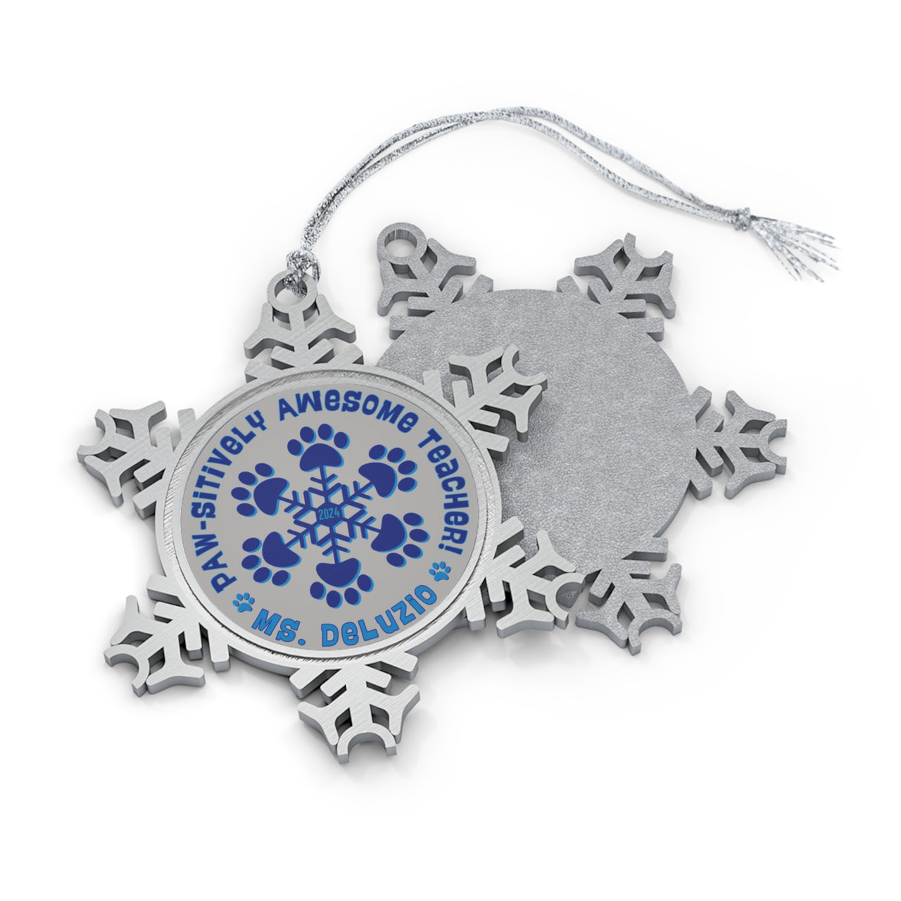 Personalized "PAW-sitively Awesome Teacher" Pewter Snowflake Ornament, Custom Paw Print Staff Appreciation Christmas Holiday Gift