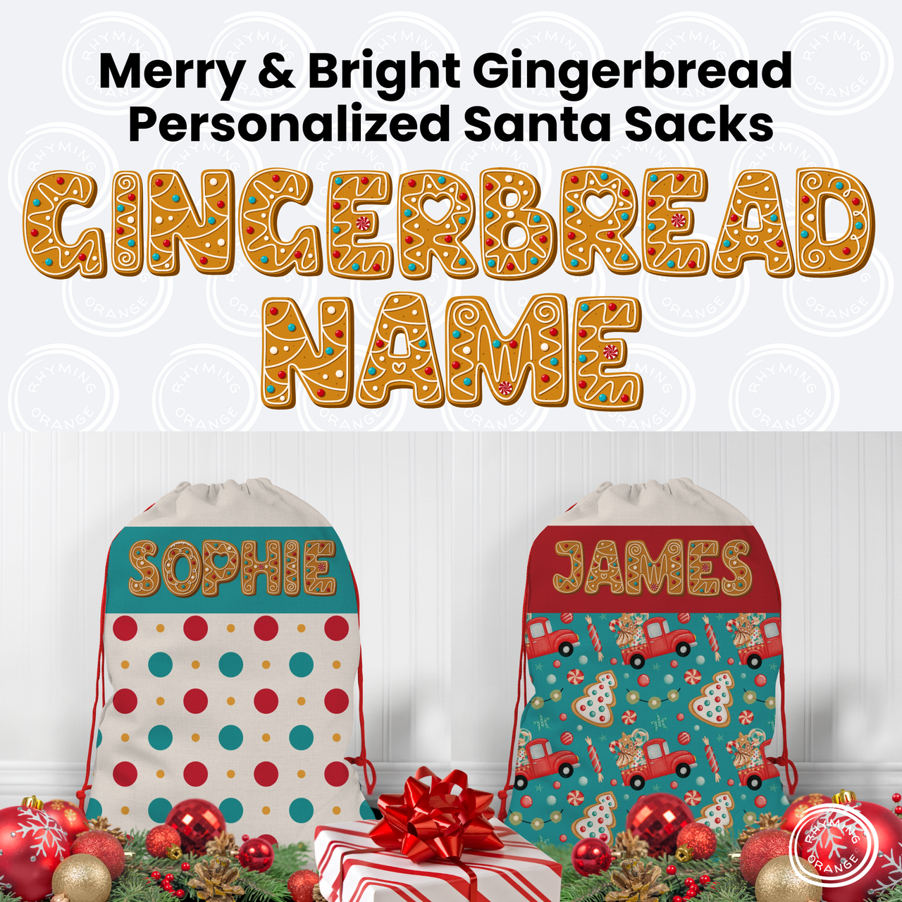 Gingerbread Name Merry & Bright Custom Canvas Santa Sacks, Personalized Colorful Christmas Gift Bag, Turquoise Red Holiday Wrapping