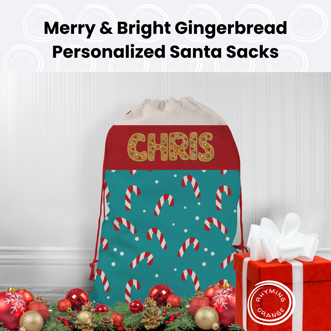 Gingerbread Name Merry & Bright Custom Canvas Santa Sacks, Personalized Colorful Christmas Gift Bag, Turquoise Red Holiday Wrapping