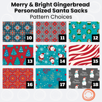 Thumbnail for Gingerbread Name Merry & Bright Custom Canvas Santa Sacks, Personalized Colorful Christmas Gift Bag, Turquoise Red Holiday Wrapping