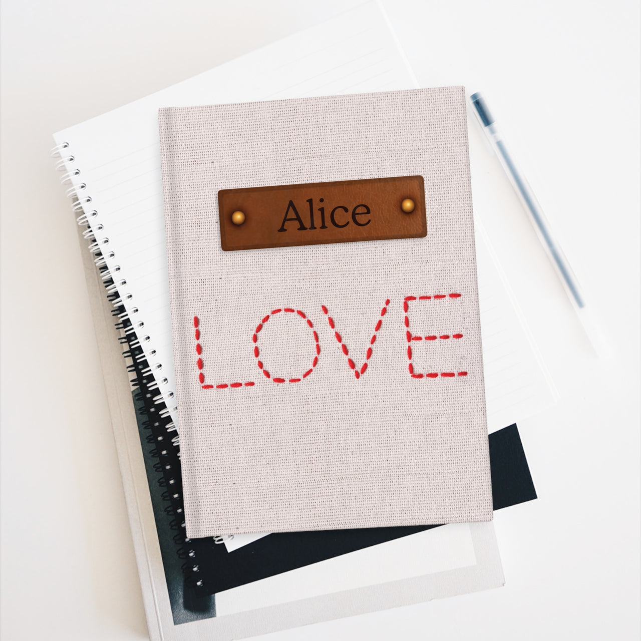 LOVE Embroidered and Leather Name Plate All-Over-Print Hardcover Journal, Matte with Lined or Blank Pages, Luxury Look Printed Cover