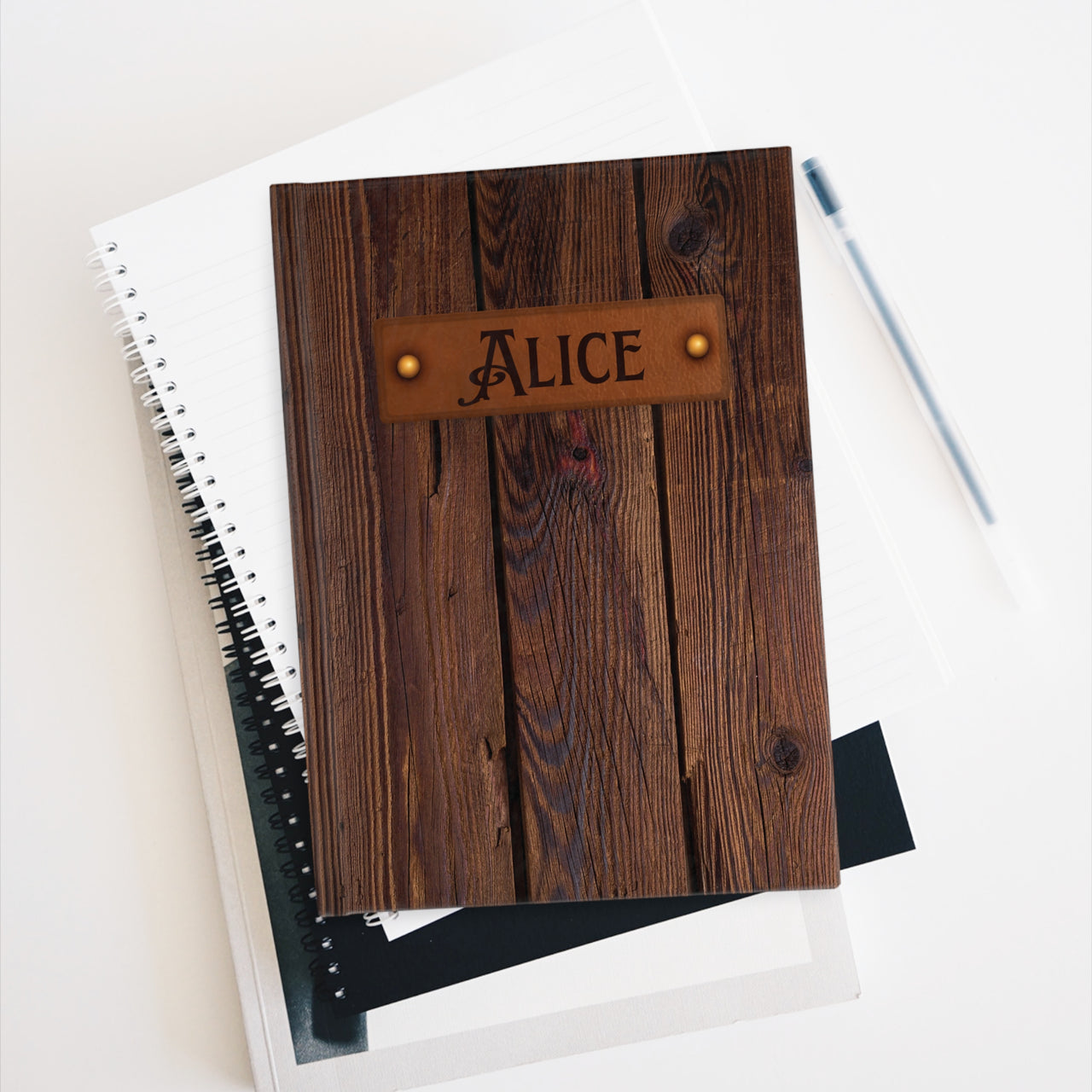 Walnut and Leather Name Plate All-Over-Print Hardcover Journal Matte with Lined or Blank Pages, Luxury Look Printed Cover